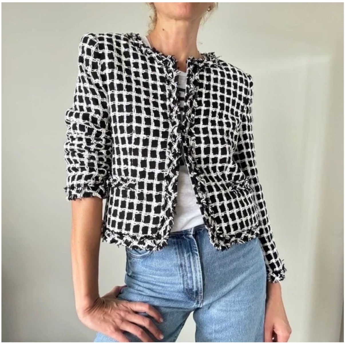 Alice + Olivia Kidman Black White Grid Tweed Fringe Jacket Xs